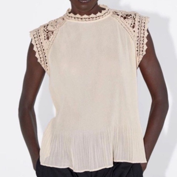 Zara Women S Beige Short Sleeve Lace Detail High Neck Pleated Peplum Blouse - Picture 1 of 9